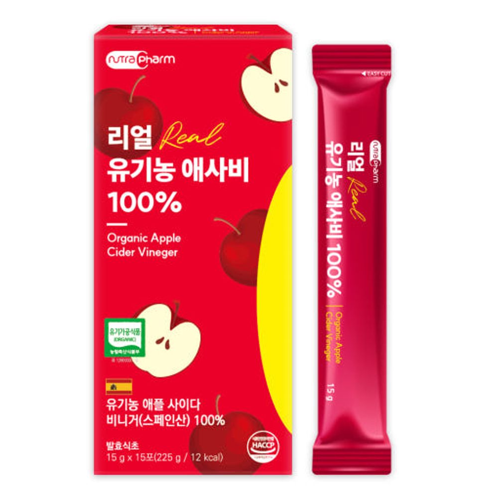 NUTRAPHARM Organic Apple Cider Vineger 15Sticks — 100% Organic Apple Cider Vinegar, Contains over 5% Organic Acids, Premium Spanish Organic Apples _ Made in KOREA